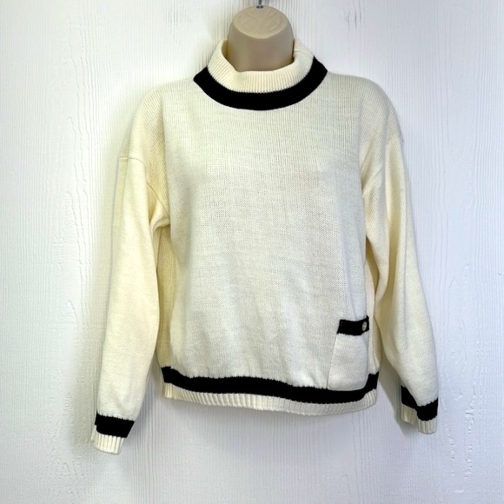 Jasper - Vintage High Neck Ivory And Black Pocket Sweater Size Large - Picture 3 of 14